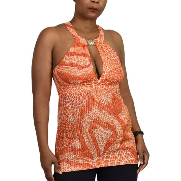 Trina Turk Halter Top Orange Metallic Tunic Keyhole Plunge Retro Y2K Size 6 - Picture 15 of 15